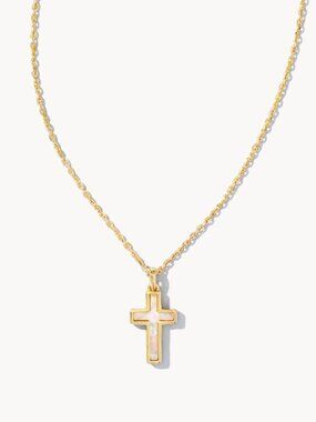 Cross Gold Pendant Necklace in White Lab Grown Opal